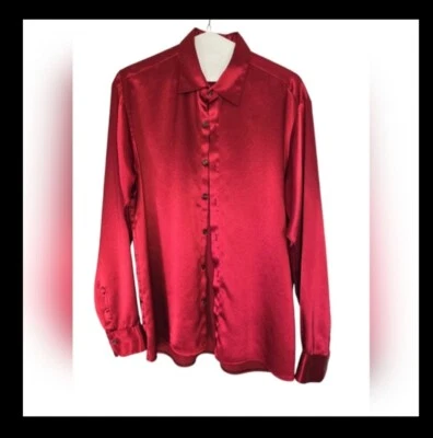 Iraq Handmade Turkish Silk Red Mens Button Down Shirt Size XL REVIEW MEASUREMENT - Image 1 of 3
