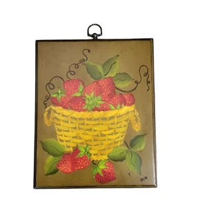Cesta de fresa decoración pared placa madera pintada a mano 8,5"x10,5" arte popular de colección - Imagen 1 de 3