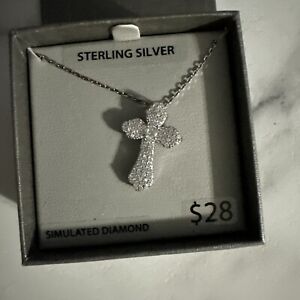 Sterling Silver Simulated Diamond Cross Pendant W/ Chain