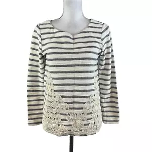 Cupio Top Pullover size Small Ivory Black Striped Lace Shabby Chic Boho Stretch - Picture 1 of 9