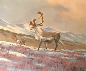 Pintura al óleo original de vida silvestre ROBERT S. SLEICHER Heading Up caribú de Alaska - Imagen 1 de 10