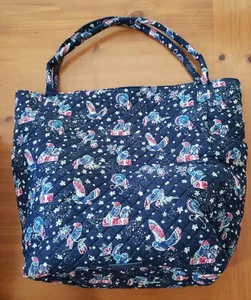 Ladies VERA BRADLEY Navy Blue Tote Bag, Holiday Owls, Zipper Outside Pockets - Picture 1 of 9