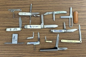 Lot of 13 Advertising Pocket Knives Vintage Money Clip Bottle Opener Cork Screw - Picture 1 of 6