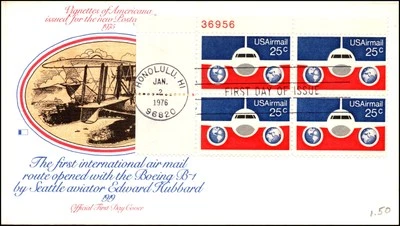 Scott C89 - 25 Cents Plane & Globes - Fleetwood FDC - Unaddressed Plate Block - Image 1 of 2
