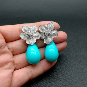 Blue Sea Shell Teardrop Cz Pave Flower Stud Gold Plated Stones Earrings - Picture 1 of 6
