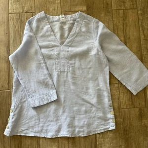 Tunica Sigrid Olsen 100% lino blu scollo a V classica spiaggia Lagenlook bottoni laterali - Foto 1 di 11