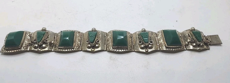 Vintage Mexican Taxco Sterling Silver Green Onyx Link Cuff Bracelet 7.25"  - Image 1 of 4