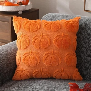 Set of 2 Fall Pillow Covers 20x20 - Soft Plush Faux Fur Pumpkin Decorative Cases - Picture 1 of 61