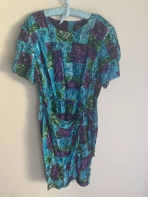 22 Винтажный больше джаз синий гавайский тропический саронг платье 80-х ретро плюс цветочный - Изображение 1 из 4
