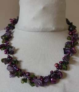 Genuine amethyst Peridot & Freshwater Pearl Wire Necklace - Picture 1 of 5