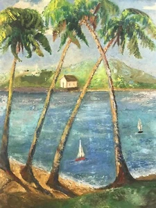 Very Nice Orig. signed M. Hess Bermuda Tropical Harbor Palm Trees Oil Painting - Picture 1 of 12