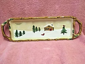 St Nicholas Square Heartland Christmas Tray 15" Serving Log Cabin Evergreens New - Picture 1 of 8
