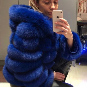 Women Blue Genuine Fox Fur Short Hooded Coat Winter Natural Fur Outwear Jackets - Picture 1 of 5