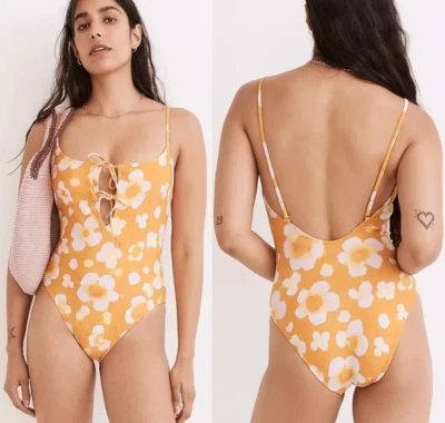 Madewell NEW Second Wave Tie-Front One-Piece Swimsuit Watercolor Floral XS M L - Image 1 of 4