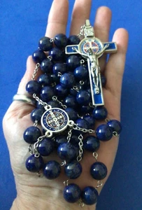 HUGE St BENEDICT ROSARY LAPIS LAZULI Saint Medal Large Crucifix Protection 14mm - Picture 1 of 9