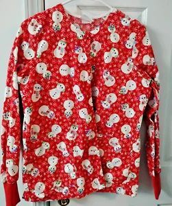 Peaches 2 Pocket Red Snowman/Snowflake Scrub Jacket Size S - Picture 1 of 1