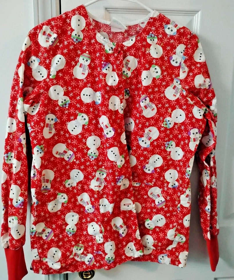 Peaches 2 Pocket Red Snowman/Snowflake Scrub Jacket Size S - Image 1 of 1