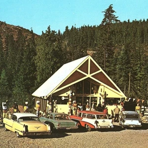 c.1970 Rock Chalet Snoqualmie Pass WA Postcard Old Cars Cigar Shop Indians - Picture 1 of 3