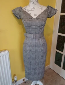 British Retro Rhonda's Revenge B/W Checks Pencil Dress UK Sz 8-10 (US Sz 4-6) - Picture 1 of 14