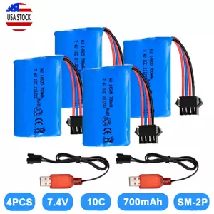 4pcs 7.4V 700Mah Li-ion Battery Pack SM-4P Plug USB Charger for UDI902 RC Boat - Picture 1 of 8