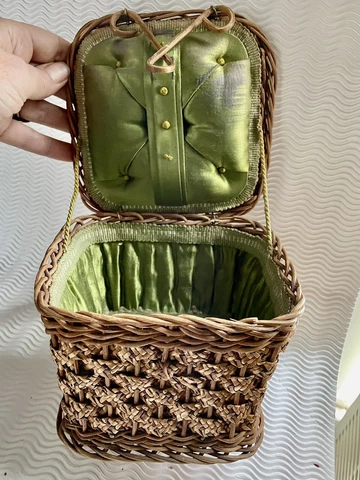 Antique Victorian Small Wicker Child’s Sewing Basket Olive Green Silk Lining Cover