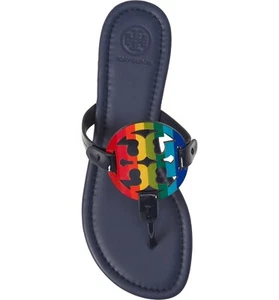 SANDALIAS PLANAS DE CUERO TORY BURCH MILLER ROYAL NAVY RAINBOW REVA 7,5 - Imagen 1 de 12