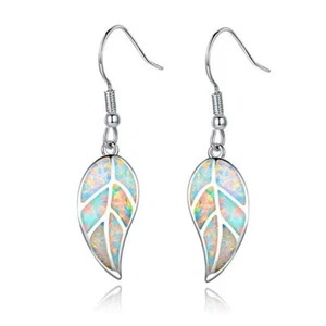 Hawaii Tree Leaf White Fire Opal Hook Earrings Silver Filled For Women Girls - Picture 1 of 6