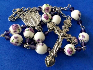 Porcelain Auto Rosary Purple Rose Crystal Crucifix Bead Caps 8mm Handmade - Picture 1 of 6