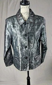 Chico's Silber/Schwarz Metallic Paisley Print Blazer Jacke-Taschen-Größe 2 LARGE  - Bild 1 von 11