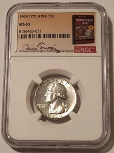 1964 Washington Quarter Type B Reverse FS-901 MS63 NGC Bill Fivaz Signed - Picture 1 of 4