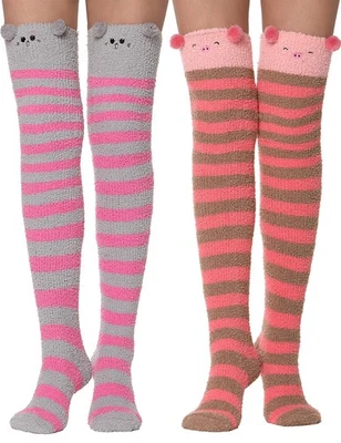 2 pares de calcetines difusos hasta el muslo cálidos de invierno sobre la rodilla largos a rayas acogedores para mujer Foto 1 de 4