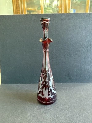 Vintage Egerman Ruby Red Czech Bohemian Cut-to-Clear Etched Castle Decanter Rare - Image 1 of 4