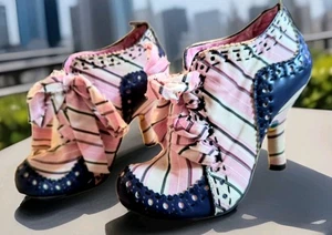 Pink Purple Fabric Striped Irregular Choice Ankle Boots 8.5 Festive Fun Booties - Picture 1 of 18