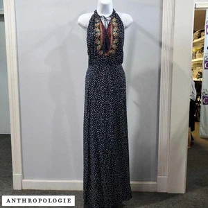 THML per Anthropologie Maxi Abito Taglia Large Boho Ricamato Halter Pois - Foto 1 di 5