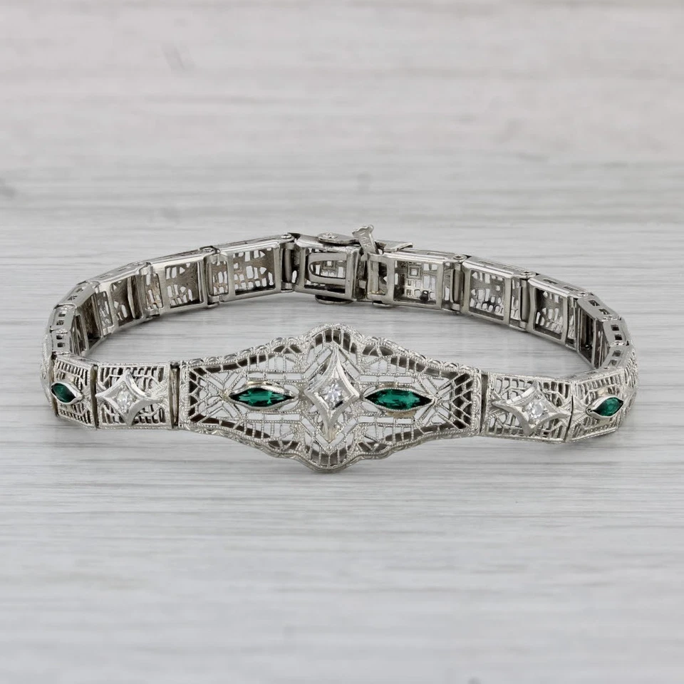 Art Deco Diamond Imitation Emerald Filigree Bracelet 14k White Gold 7" - Image 1 of 4