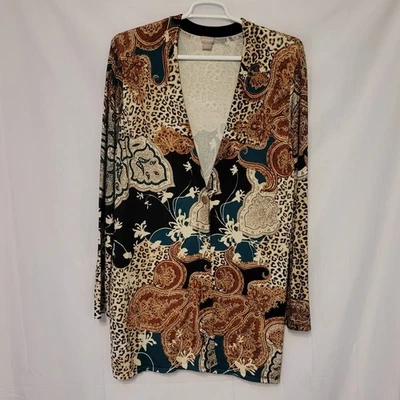 Cárdigan Chico's Estampado Animal Cachemira Un Botón Largo Tejido Cuello en V Talla 4 US XXL Foto 1 de 4