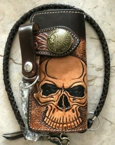 Portafoglio Teschio Intagliato Fatto a Mano Cowboy Portafoglio Uomo Bifold Catena Regalo 221 - Foto 1 di 2