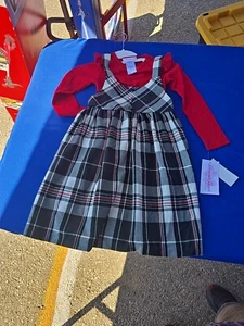 NWT Bonnie Jean Girls 6 Red Long Sleeve Top Gray Black Plaid Jumper Dress Set - Picture 1 of 3