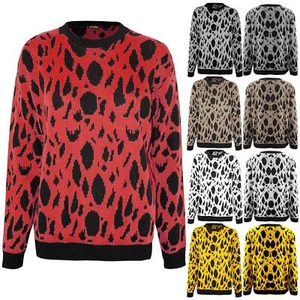 Womens Ladies Leopard Long Sleeve Ribbed Knitted Baggy Sweater Pullover Jumper - Picture 1 of 6