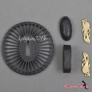 Edelstahl Tsuba Set Handschutz Kashira Fuchi Messing Menuki Schwert Zubehör - Bild 1 von 3