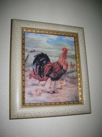 7.5" x 9.5" Rooster Hen Chicks on Farm Canvas Picture in Crackled Wood Frame Cover