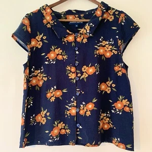 Princess Highway Top Shirt Blouse Women’s 10 Viscose Navy Floral Retro Vintage - Picture 1 of 16