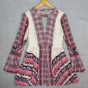 Free People Mini Dress Sz S Boho Long Bell Sleeve Keyhole Festival Y2K Fairy - Picture 1 of 17