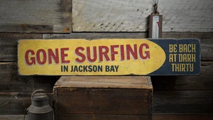 Gone Surfing, Custom Beach Location - Rustic Distressed Wood Sign - Picture 1 of 2