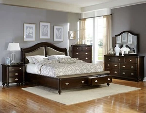 Traditional Furniture - 5 piece Cherry Brown Queen King Storage Bedroom Set IA65 - Picture 1 of 4