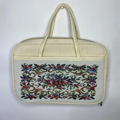 Bolso de Mano Vintage Estuche de Transporte Floral Lona Tapiz Bordado Blanco Años 70 10" Foto 1 de 4