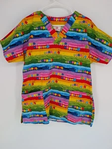 White Cross Scrub Top M Rainbow Caterpillar Colorful Whimsical Pediatric Happy - Picture 1 of 15