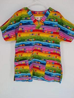 White Cross Scrub Top M Rainbow Caterpillar Colorful Whimsical Pediatric Happy - Image 1 of 4