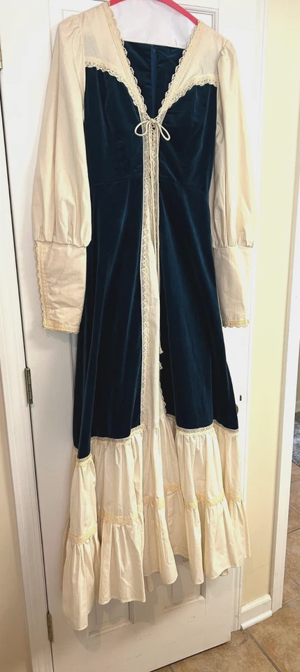 Vintage 1970s Gunne Sax Jessica dress Size 9 Blue Velvet Muslin Prairie CLEANED - Image 1 of 4