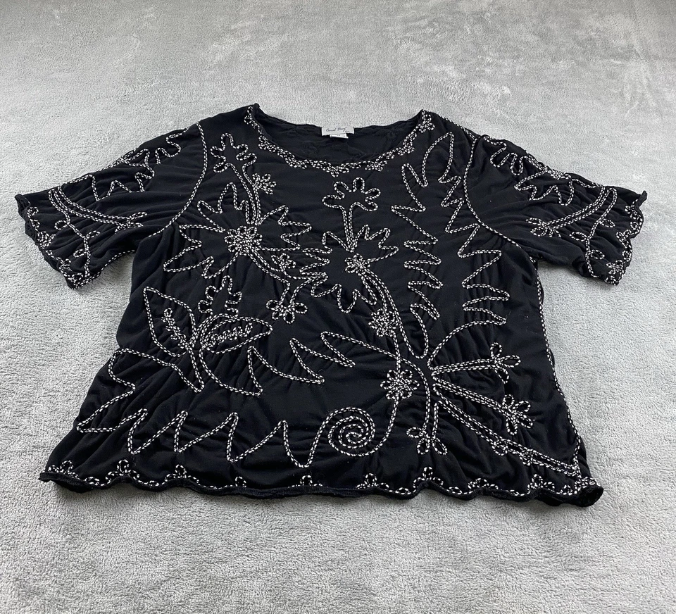 Blusa para mujer Coral Bay Plus 2XL negra blanca bordada dobladillo asimétrico C26 Foto 1 de 4